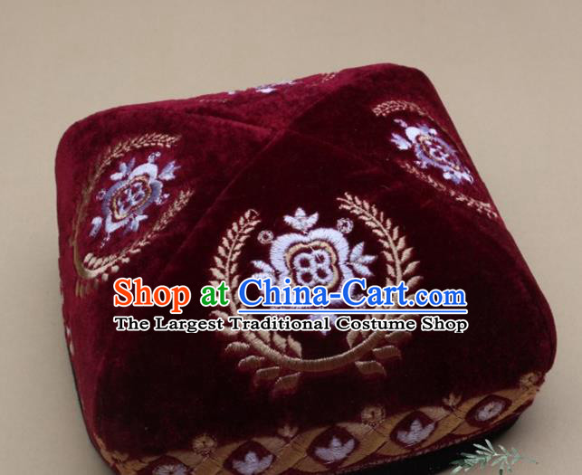 Chinese Traditional Uyghur Minority Dance Embroidered Red Hat Xinjiang Ethnic Headwear for Men