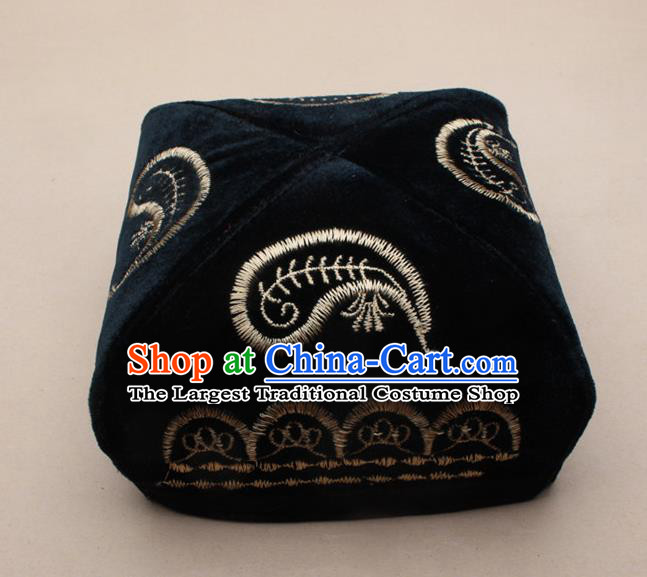 Chinese Traditional Uyghur Minority Dance Embroidered Black Velvet Hat Xinjiang Ethnic Headwear for Men