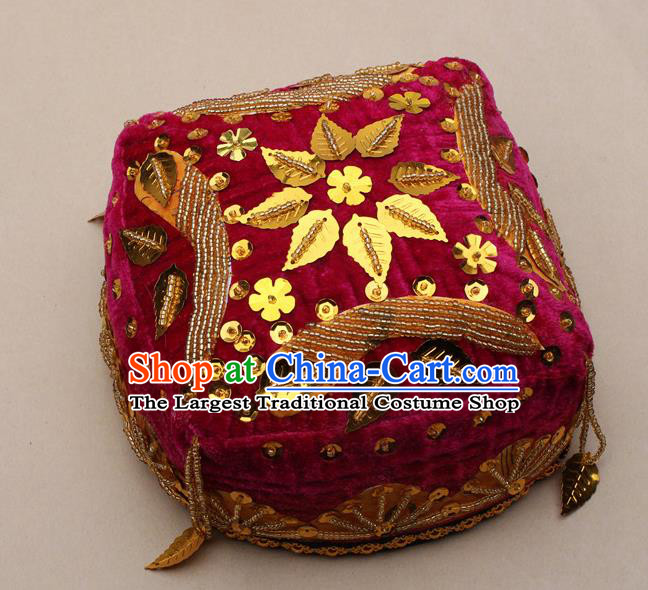 Handmade Chinese Traditional Uyghur Minority Dance Rosy Hat Ethnic Nationality Headwear for Women