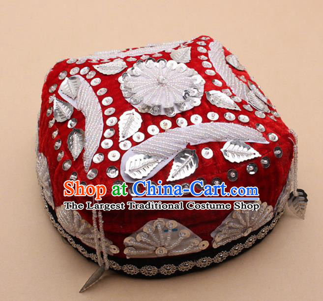 Handmade Chinese Traditional Uyghur Minority Dance Red Hat Ethnic Nationality Headwear for Women