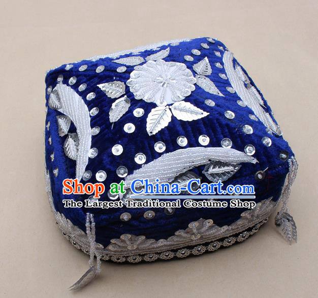 Handmade Chinese Traditional Uyghur Minority Dance Royalblue Hat Ethnic Nationality Headwear for Women