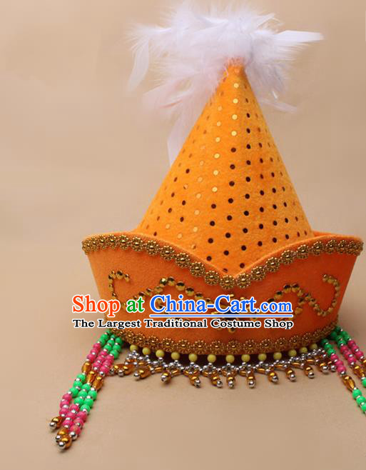 Handmade Chinese Traditional Mongol Minority Dance Yellow Hat Ethnic Nationality Headwear for Women