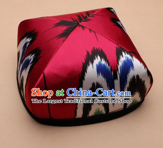 Handmade Chinese Traditional Uyghur Minority Dance Wine Red Hat Ethnic Nationality Headwear for Women