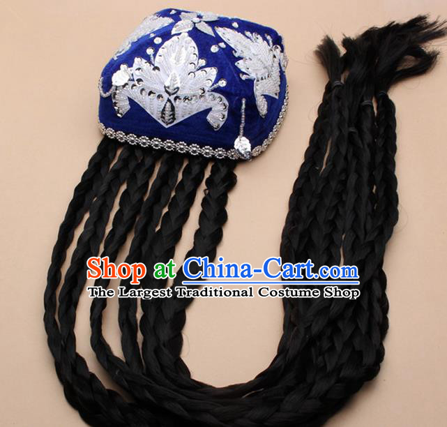 Chinese Traditional Uyghur Minority Dance Braid Royalblue Hat Xinjiang Ethnic Nationality Headwear for Women