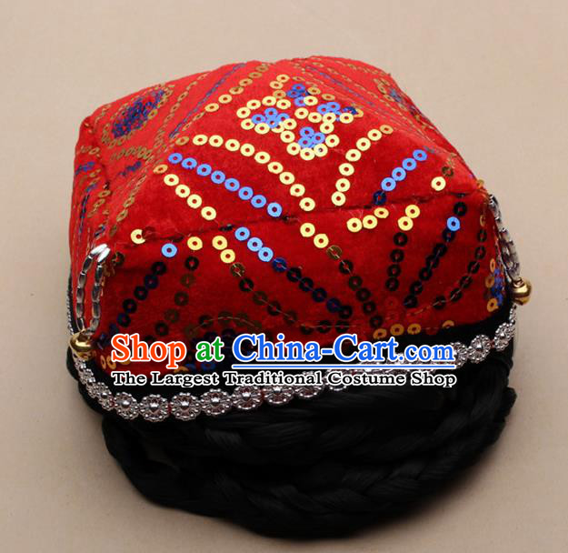 Chinese Traditional Uyghur Minority Dance Bells Red Hat Xinjiang Ethnic Nationality Headwear for Women