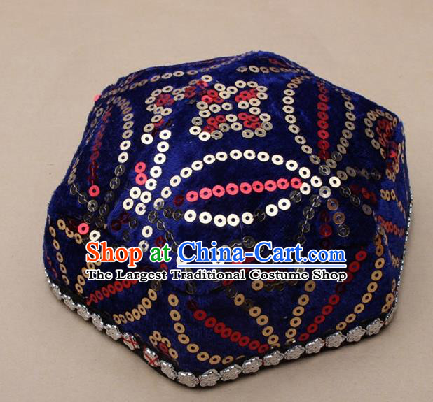 Chinese Traditional Xinjiang Ethnic Dance Hexagon Deep Blue Hat Uyghur Minority Nationality Headwear for Kids