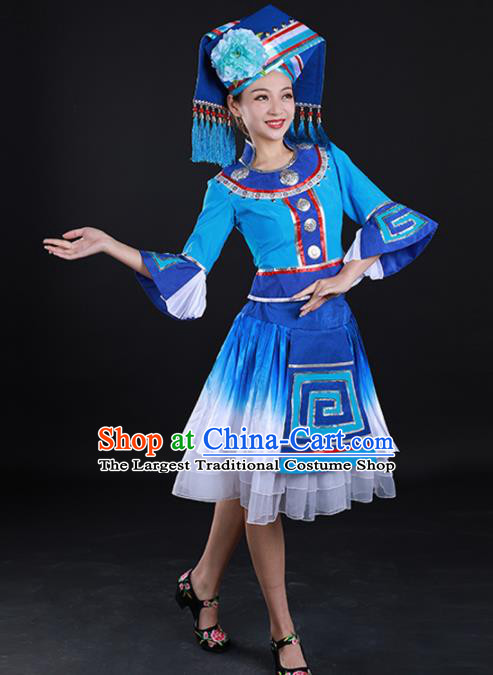 Traditional Chinese Zhuang Nationality Liu Sanjie Blue Dress Guangxi Ethnic Folk Dance Stage Show Costume for Women