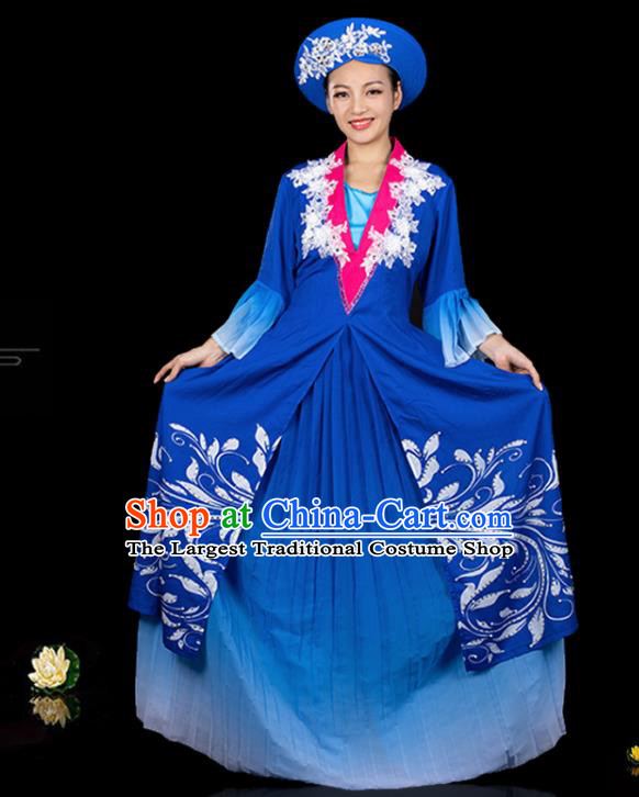 Traditional Chinese Jing Nationality Royalblue Dress Ethnic Ha Festival Folk Dance Stage Show Costume for Women