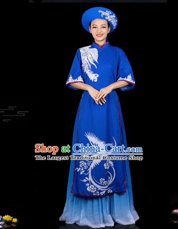 Traditional Chinese Jing Nationality Printing Blue Dress Ethnic Ha Festival Folk Dance Stage Show Costume for Women