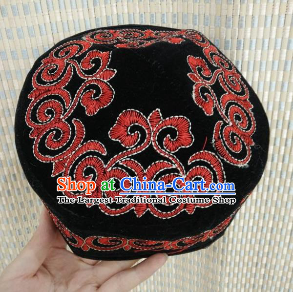 Chinese Traditional Kazak Minority Embroidered Black Hat Ethnic Xinjiang Stage Show Headwear for Men