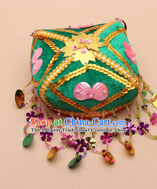 Chinese Traditional Uyghur Minority Handmade Paillette Green Hat Ethnic Nationality Folk Dance Stage Show Headwear for Women