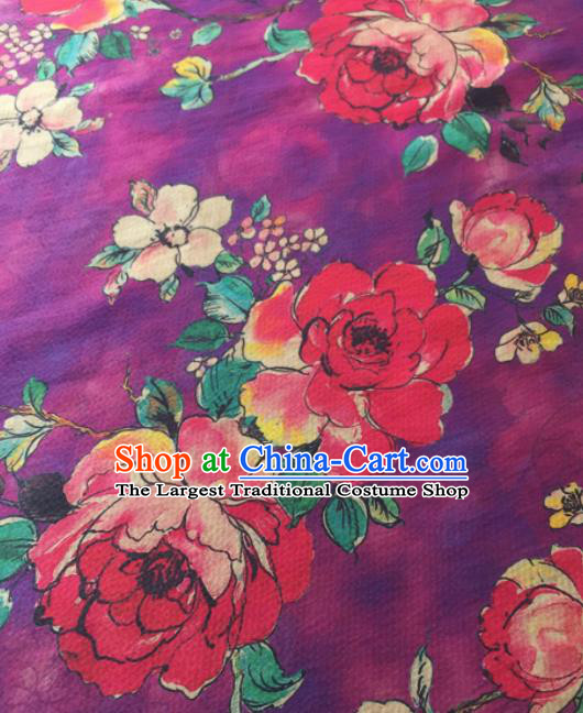 Asian Chinese Traditional Camellia Pattern Design Purple Gambiered Guangdong Gauze Fabric Silk Material