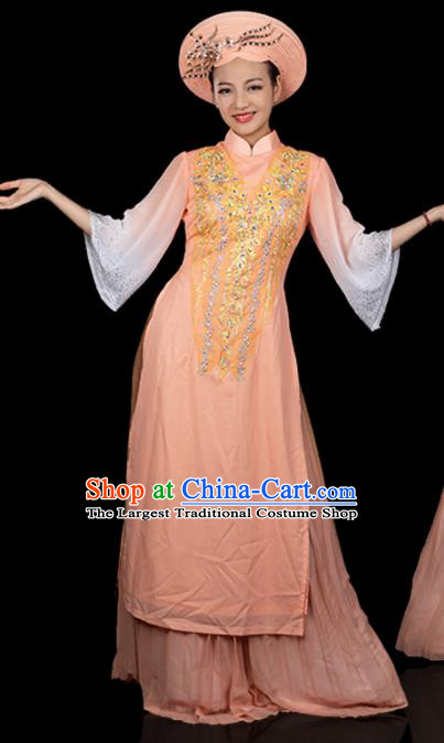 Traditional Chinese Jing Nationality Folk Dance Apricot Dress Ethnic Ha Festival Stage Show Costume for Women