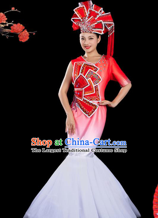 Traditional Chinese Zhuang Nationality Liu Sanjie Red Veil Dress Ethnic Folk Dance Stage Show Costume for Women