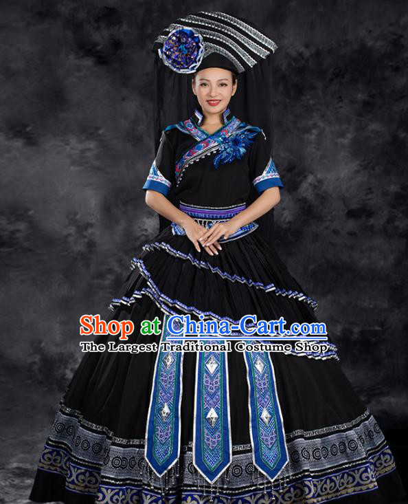 Chinese Traditional Zhuang Nationality Liu Sanjie Black Pleated Dress Ethnic Folk Dance Stage Show Costume for Women