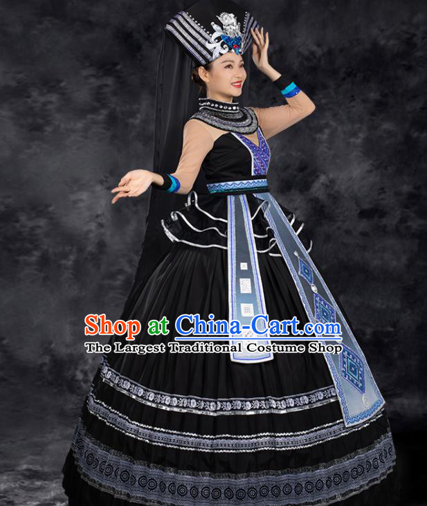 Chinese Traditional Zhuang Nationality Black Pleated Dress Ethnic Folk Dance Stage Show Liu Sanjie Costume for Women