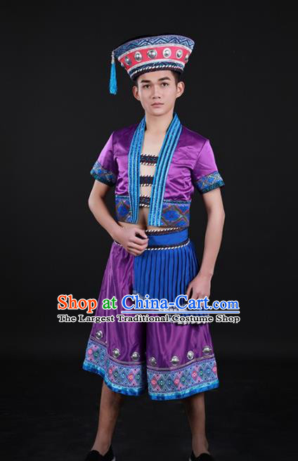 Chinese Traditional Yao Nationality Purple Outfits Ethnic Minority Folk Dance Stage Show Costume for Men