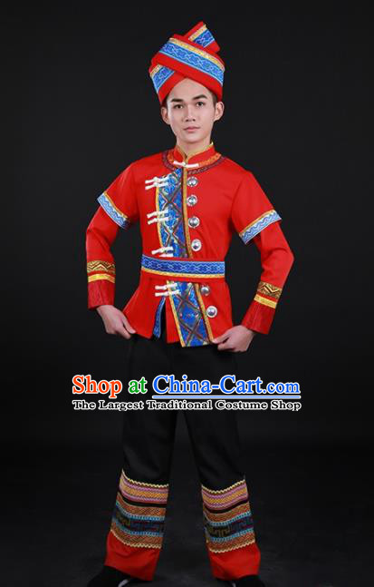 Chinese Traditional Zhuang Nationality Red Outfits Ethnic Minority Folk Dance Stage Show Costume for Men