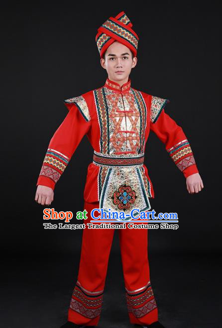 Chinese Traditional Zhuang Nationality Festival Red Outfits Ethnic Minority Folk Dance Stage Show Costume for Men