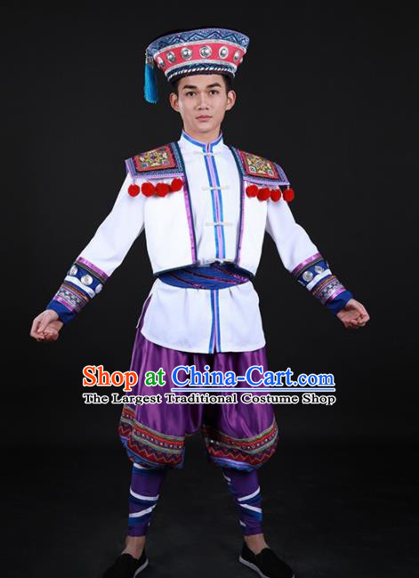 Chinese Traditional Yao Nationality Festival Purple Outfits Ethnic Minority Folk Dance Stage Show Costume for Men