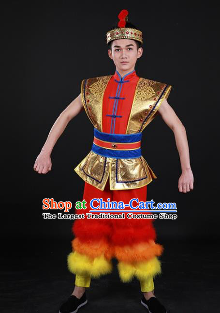 Chinese Traditional Yao Nationality Festival Drum Dance Red Outfits Ethnic Minority Folk Dance Stage Show Costume for Men