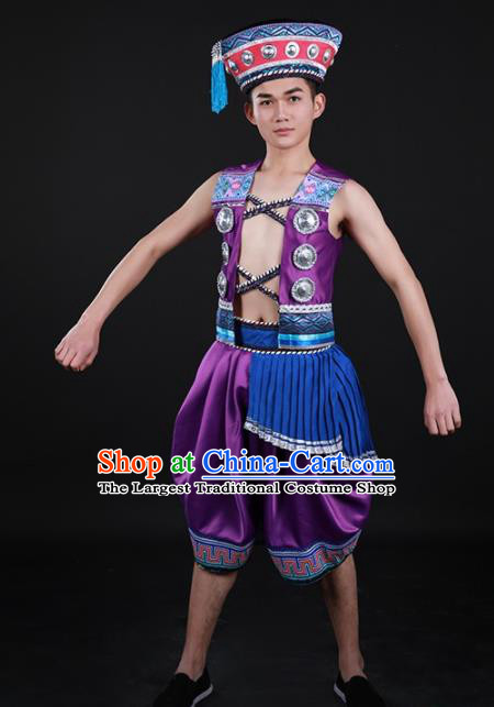 Chinese Traditional Yao Nationality Festival Purple Outfits Ethnic Minority Folk Dance Stage Show Costume for Men