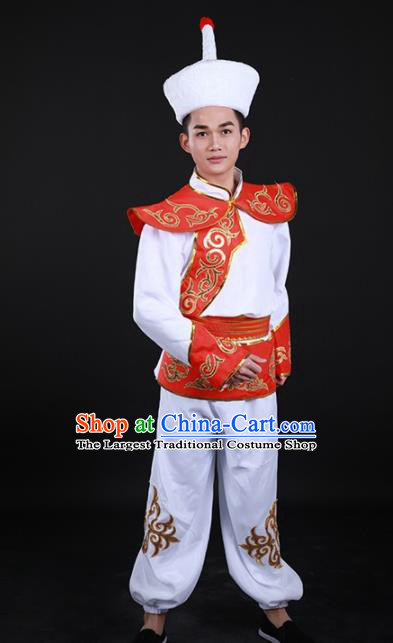 Chinese Traditional Ewenki Nationality Festival White Outfits Ethnic Minority Folk Dance Stage Show Costume for Men