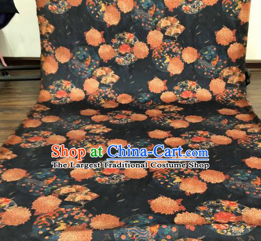 Asian Chinese Traditional Chrysanthemum Peony Pattern Design Navy Gambiered Guangdong Gauze Fabric Silk Material