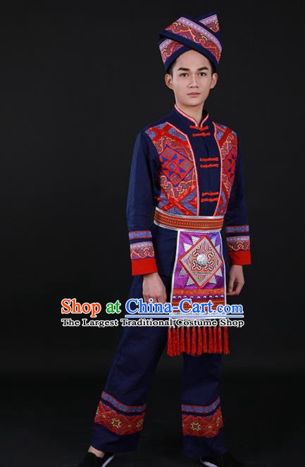 Chinese Traditional Zhuang Nationality Festival Navy Outfits Ethnic Minority Folk Dance Stage Show Costume for Men