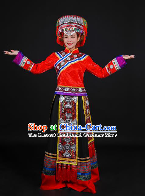 Chinese Traditional Achang Nationality Red Dress Ethnic Folk Dance Stage Show Costume for Women