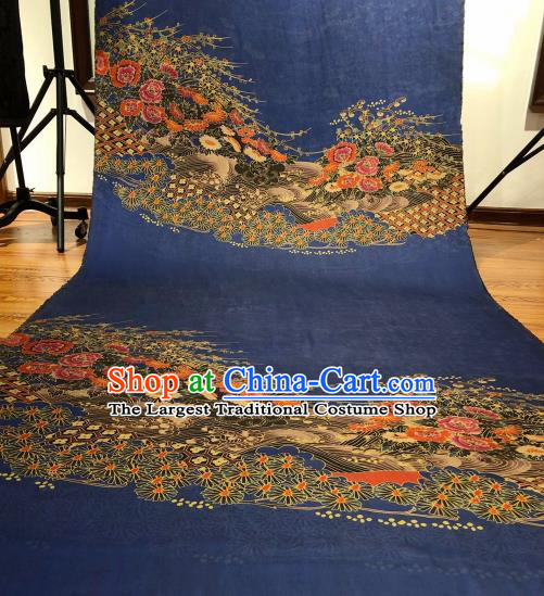 Asian Chinese Traditional Chrysanthemum Peony Pattern Design Navy Gambiered Guangdong Gauze Fabric Silk Material