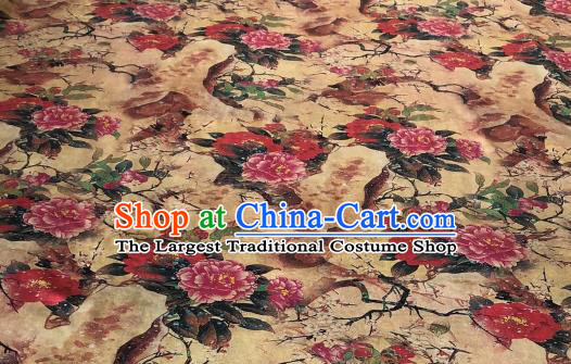 Asian Chinese Classical Peony Pattern Design Ginger Gambiered Guangdong Gauze Fabric Traditional Silk Material