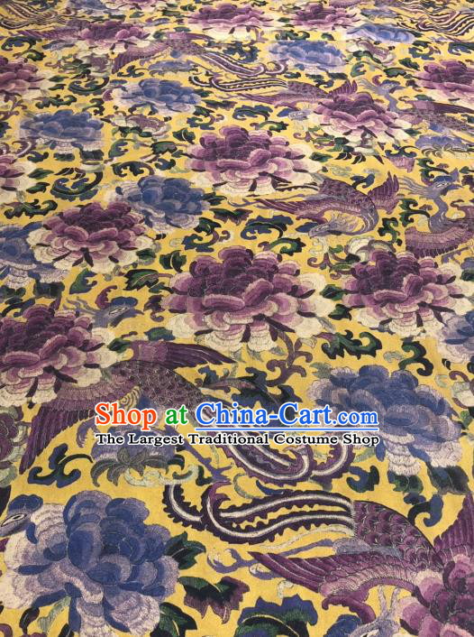 Asian Chinese Classical Phoenix Peony Pattern Design Yellow Gambiered Guangdong Gauze Fabric Traditional Silk Material