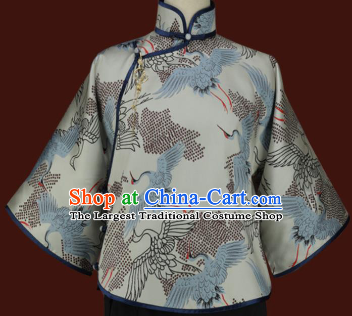 Traditional Chinese Tang Suit Printing Crane Blouse Cheongsam Upper Outer Garment for Women