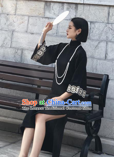 Chinese Traditional Black Silk Cheongsam Costume Republic of China Mandarin Qipao Dress for Women