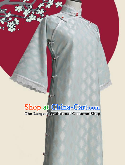 Chinese Traditional Light Blue Silk Cheongsam Costume Republic of China Mandarin Qipao Dress for Women