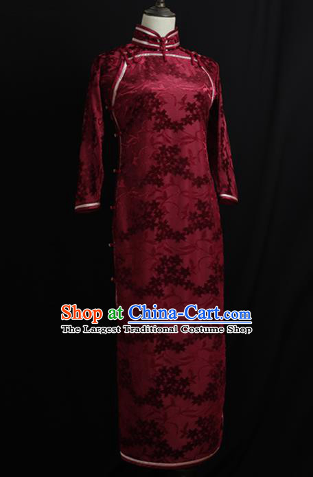 Chinese Traditional Wine Red Velvet Cheongsam Costume Republic of China Mandarin Qipao Dress for Women