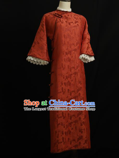 Chinese Traditional Rust Red Cheongsam Costume Republic of China Mandarin Qipao Dress for Women