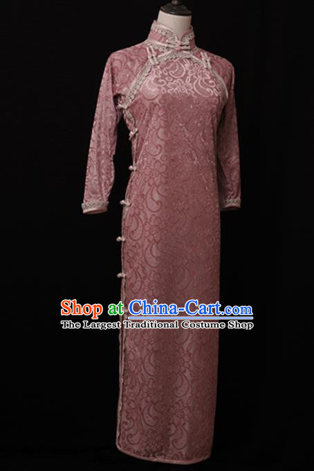 Chinese Traditional Deep Pink Velvet Cheongsam Costume Republic of China Mandarin Qipao Dress for Women