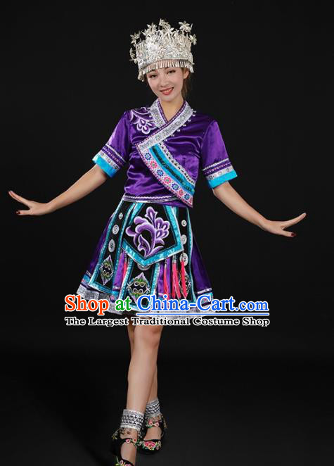 Chinese Traditional Miao Nationality Purple Blouse and Skirt Ethnic Minority Folk Dance Stage Show Costume for Women