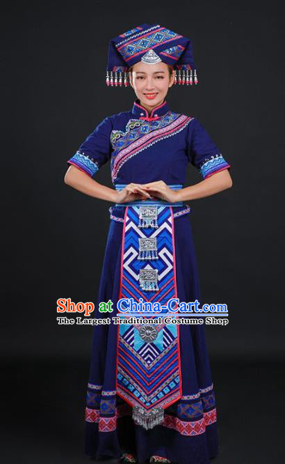 Chinese Traditional Zhuang Nationality Navy Long Dress Ethnic Minority Folk Dance Stage Show Costume for Women