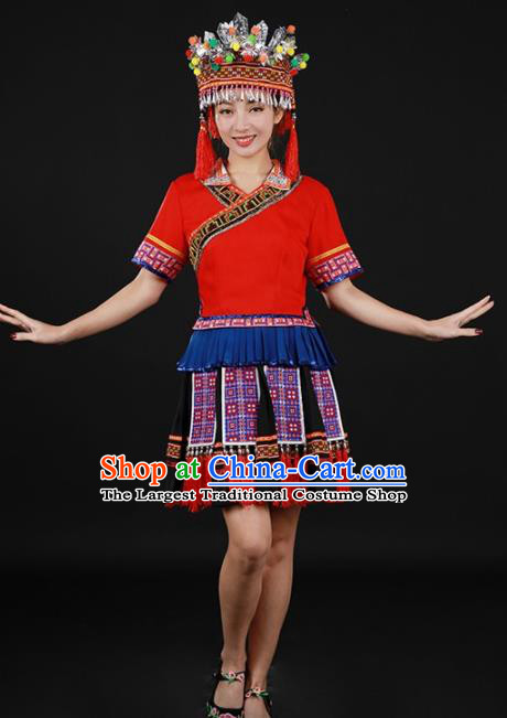 Chinese Traditional Yao Nationality Red Short Dress Ethnic Minority Folk Dance Stage Show Costume for Women