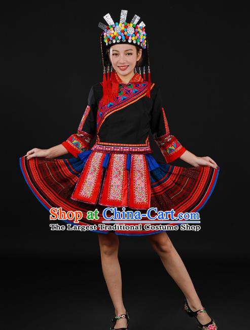 Chinese Traditional Yao Nationality Black Short Dress Ethnic Minority Folk Dance Stage Show Costume for Women