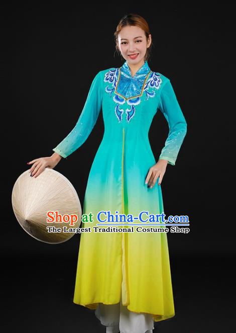 Chinese Traditional Jing Nationality Lake Blue Dress Ethnic Minority Folk Dance Stage Show Costume for Women