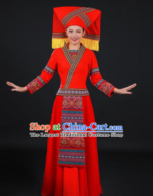 Chinese Traditional Zhuang Nationality Red Long Dress Ethnic Minority Folk Dance Stage Show Costume for Women