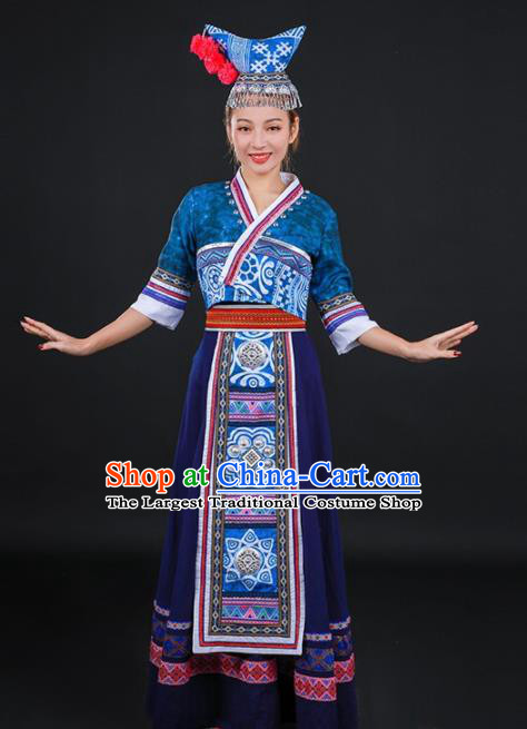 Chinese Traditional Dong Nationality Stage Show Navy Long Dress Ethnic Minority Folk Dance Costume for Women
