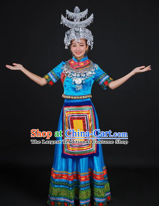 Chinese Traditional Shui Nationality Stage Show Blue Dress Ethnic Minority Folk Dance Costume for Women