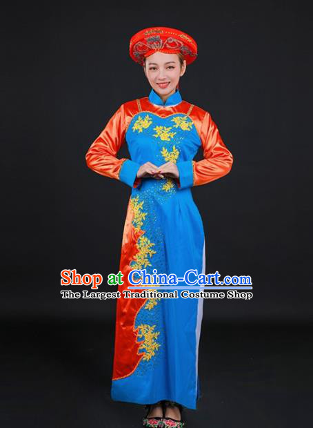 Chinese Traditional Jing Nationality Stage Show Embroidered Blue Dress Ethnic Minority Folk Dance Costume for Women