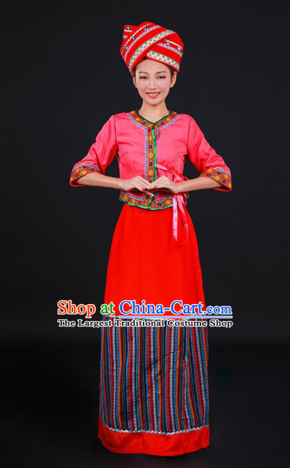 Chinese Traditional Blang Nationality Stage Show Red Dress Ethnic Minority Folk Dance Costume for Women