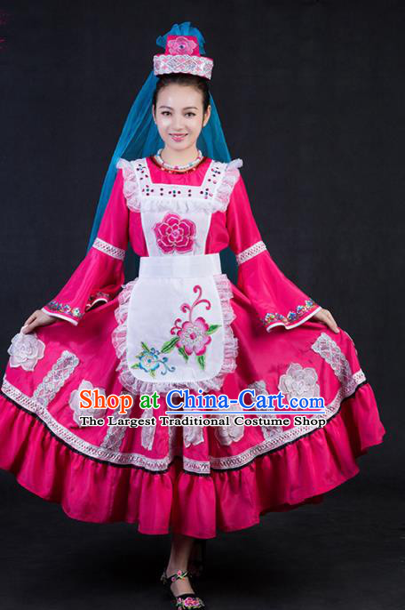 Chinese Traditional Tatar Nationality Stage Show Rosy Dress Ethnic Minority Folk Dance Costume for Women